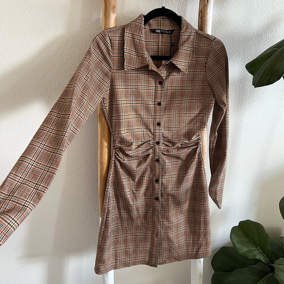 Zara Plaid Brown Terracotta Ruched Mini Button Down Collard Dress NWT - Picture 5 of 6